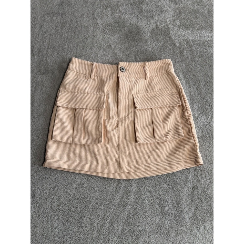 SHEIN Corduroy Cargo Mini Skirt Beige Utility Pockets Button Fly‎ Women's XS